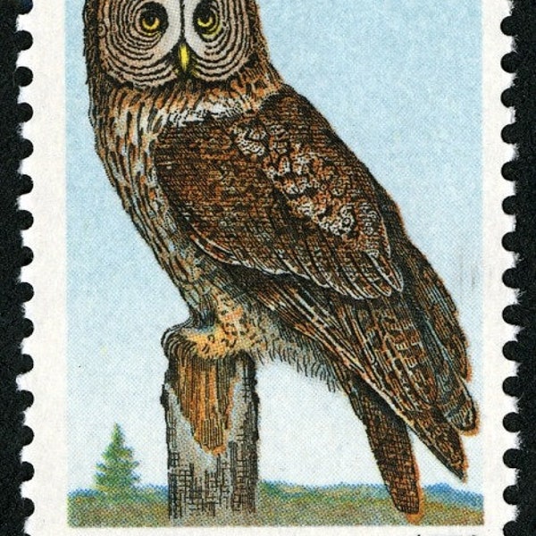 Great Gray Owl 15c stamp // vintage unused 15 cent postage stamp