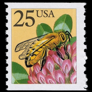 Cinco sellos de 25 c con una abeja en un trébol // Sellos postales antiguos sin usar // Sellos de 25 centavos // Valor nominal 1,25