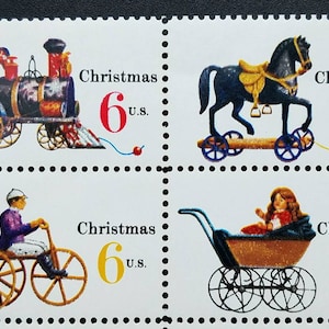 Cuatro juguetes navideños de 6 c // Sellos postales navideños antiguos sin usar de 6 centavos // Valor nominal 0,24