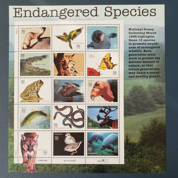 Fifteen 15 Endangered species 32c (sheet) // vintage postage stamps // 32 cent stamps // Face value 4.80 dollars
