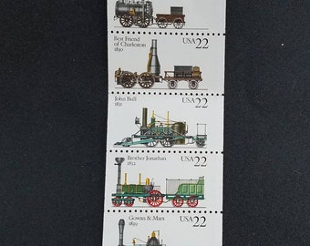 Five 5 vintage unused postage stamps - Steam engines 22c // 22 cent stamps, face value 1.10