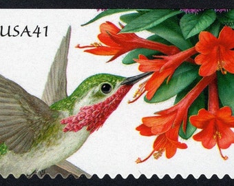 One (1) unused postage stamps - Pollination: Hummingbird Trumpet and Calliope Hummingbird 41c // 41 cent stamp