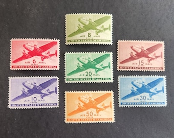 Vintage stamps 1941-44 6c-50c Twin-Motored Transport Plane, Set of 7 Stamps // face value: 1.39