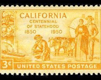 Five 5 vintage unused postage stamps - California gold centennial 3c // 3 cent stamps / Face value: 0.15