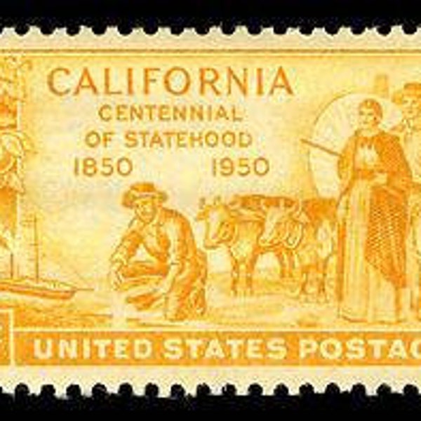 Five 5 vintage unused postage stamps - California gold centennial 3c // 3 cent stamps / Face value: 0.15