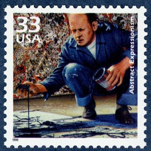 May include: A 33 cent USA postage stamp featuring a man in blue overalls painting with a black paintbrush. The stamp is titled "Abstract Expressionism".