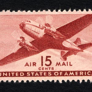 Cinco sellos de 15 c de avión de transporte bimotor de 1941 // sellos de correo aéreo antiguos sin usar de 15 céntimos // Valor nominal 0,75