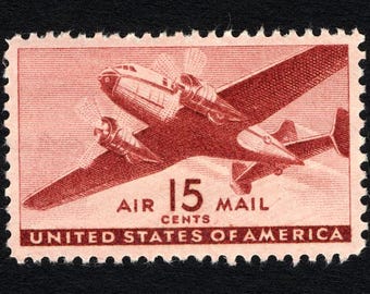 Five 5 1941 Twin-Motored Transport Plane 15c stamps // vintage unused 15 cent airmail stamps // Face value 0.75