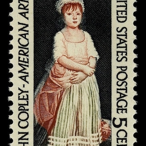 May include: A vintage 5-cent United States postage stamp featuring a portrait of a young girl in a white dress and red sash. The stamp is titled "John Copley - American Artist".