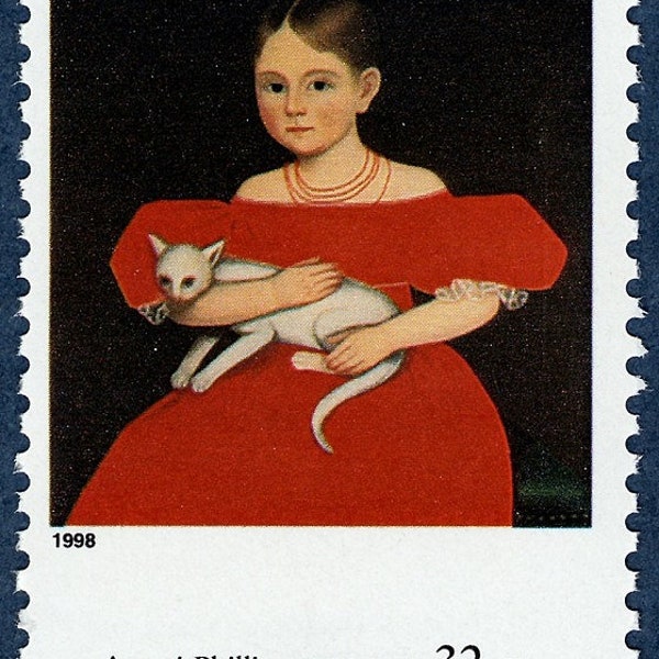 One 1 Girl in Red Dress with Cat and Dog, par Ammi Phillips 32c // Quatre siècles d'art américain // timbre-poste inutilisé // timbre de 32 cents