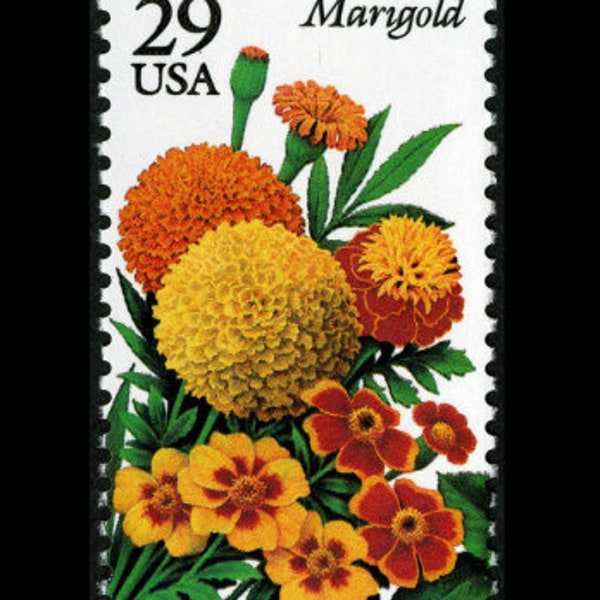 Five 5 vintage unused postage stamps - Summer garden flowers: marigold 29c // 29 cent stamps // Face value 1.45