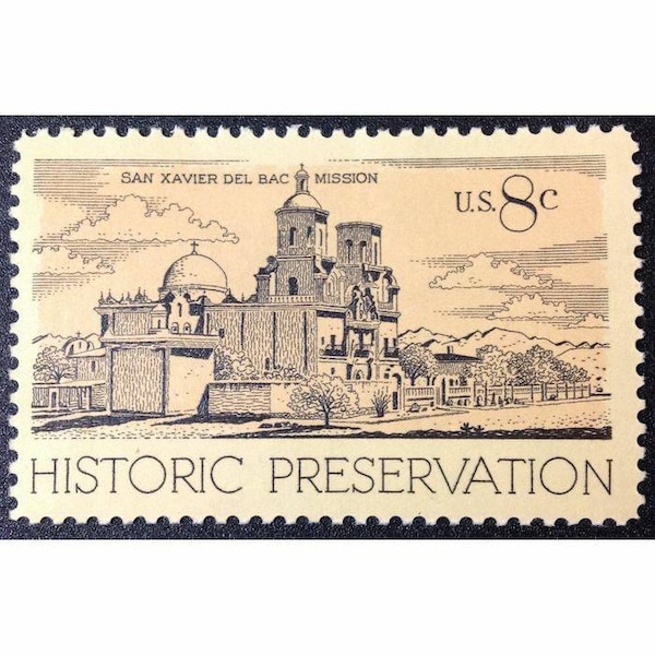 Five 5 vintage unused postage stamps - Historic preservation San Xavier Del Bac Mission 8c // 8 cent stamps // Face value 0.40