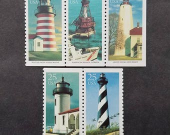 Five 5 Lighthouses 25c // vintage unused postage stamps 25 cents // Face value 1.25