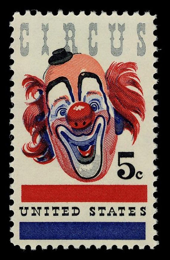 Vintage US stamps, Circus 5c - set of 5, total value 0.25