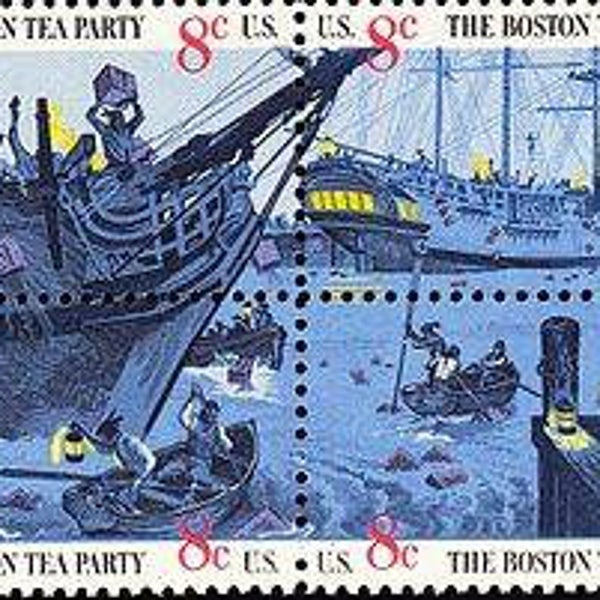 Four 4 vintage unused postage stamps - Boston Tea Party 8c // 8 cent stamps // Face value 0.32