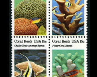 Four 4 vintage unused postage stamps - Coral reefs 15c // 15 cent stamps // Face value 0.60