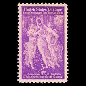 Diez sellos de 10 Botticelli Tres Gracias 3c // Sellos postales antiguos sin usar de la Unión Panamericana // Sellos de 3 centavos // Valor nominal 0,30