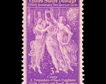 Five (5) vintage unused postage stamps - Pan-American Union, Botticelli, Three graces // 3 cent stamps // face value 0.15