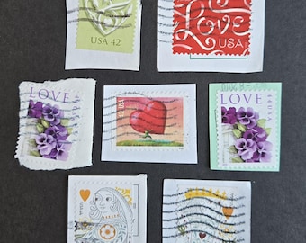 Timbres d'amour annulés vintage des années 1990-2000 sur papier // lot de 7 timbres romantiques annulés