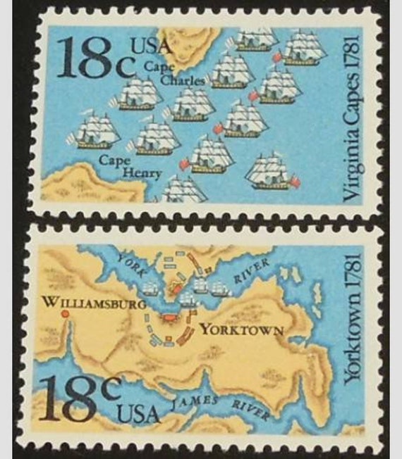 Two 2 Unused Vintage Postage Stamps Virginia Capes, 1781 18c // 18