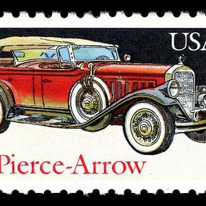 May include: A vintage postage stamp featuring a red 1929 Pierce-Arrow convertible car. The stamp has a black border and the text "USA 25". The car has white-walled tires and a tan convertible top. The text "1929 Pierce-Arrow" is printed in red.