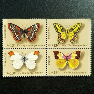 Cuatro sellos postales antiguos sin usar: Mariposas 13c // Sellos de 13 centavos // Valor nominal 0,52