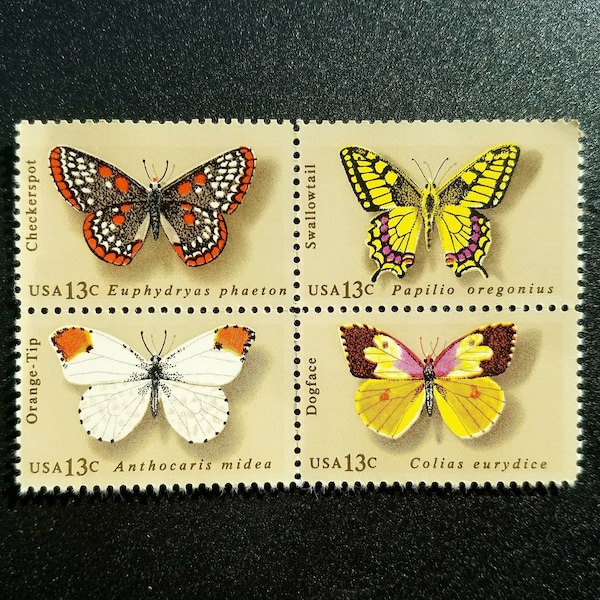 Four 4 vintage unused postage stamps - Butterflies 13c // 13 cent stamps // Face value 0.52