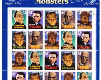 Vintage 1997 Classic Movie Monsters 32c Stamps // Unused 32 Cent Stamps (20 Sheet)