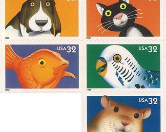Five 5 Bright eyes: cat, dog, parakeet, goldfish, hamster 32c // unused postage stamps // 32 cent stamps // Face 1.60