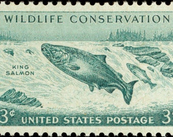 Five 5 vintage unused postage stamps - Wildlife conservation - king salmon 3c // 3 cent stamps // Face value 0.15