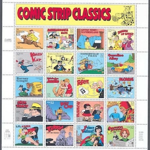 May include: A sheet of 16 US postage stamps featuring classic comic strips. The stamps are arranged in a 4x4 grid and each stamp features a different comic strip character. The stamps are all 32 cents and were issued in 1995.