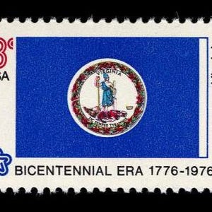 May include: A 13-cent USA postage stamp featuring the Virginia state flag. The stamp has a blue background with a circular emblem and the text "Virginia". The stamp also includes the text "BICENTENNIAL ERA 1776-1976".