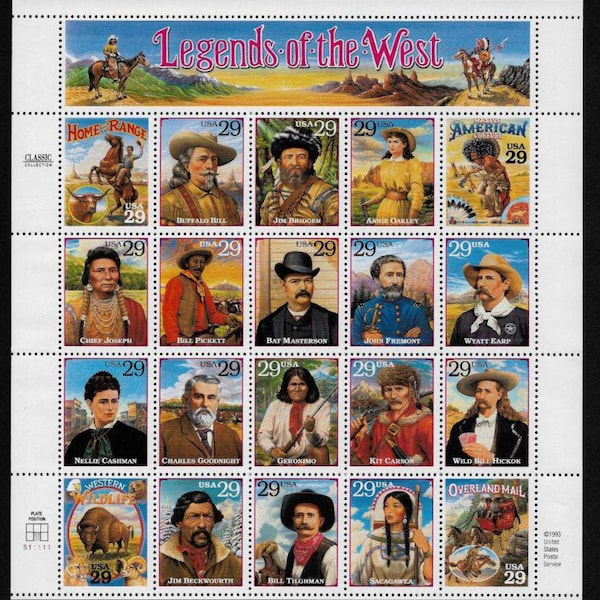 Twenty 20 vintage unused postage stamps - Legends of the West (sheet) // 29 cent stamps // Face value 5.80