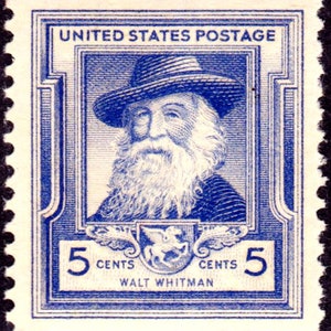 Cinco sellos postales antiguos de 5 Walt Whitman // Sellos de 5 centavos // Valor nominal 0,25