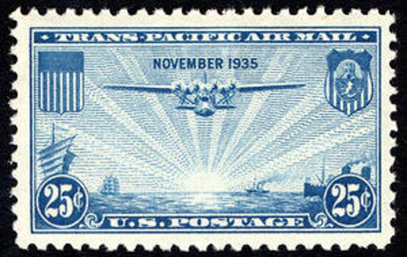 1935 China Clipper Stamp, Trans-pacific Airmail, 25 Cent Vintage