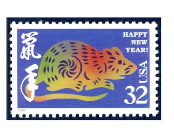 Vintage 1996 Year of the Rat Vintage 32c Stamps, Chinese Zodiac (Set of 5)