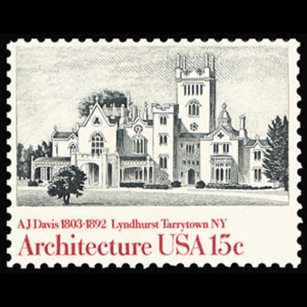 Five 5 AJ Davis, Lyndhurst, Tarrytown NY 15c // Architecture - vintage unused postage stamps // 15 cent stamps // Face value 0.75