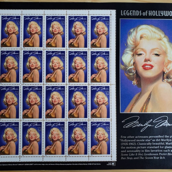 Vingt 20 timbres-poste vintage non utilisés - Marilyn Monroe (feuille complète) // 32 cents // Valeur faciale 6,40