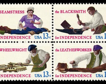 Vintage 1976 geschickte Hände für die Unabhängigkeit 13c Briefmarken // Näherin, Schmied, Radmacher, Lederarbeiter // 4er Set