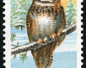 Great Horned Owl 15c stamp // vintage unused 15 cent postage stamp