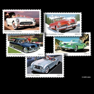 Cinco sellos postales sin usar - Coches deportivos de los años 50 37c // Sellos de 37 centavos // Valor nominal 1,85