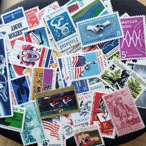 25 ALL DIFFERENT vintage unused 1960s postage stamps 5c // vintage 5 cent stamps // Face value = 1.25 dollars.