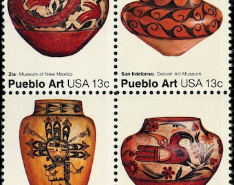 Four 4 vintage unused postage stamps - Pueblo art stamps 13c // 13 cent stamps // Face value 0.52