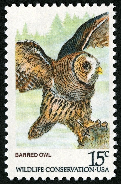 Five 5 Barred Owl 15c stamps // vintage unused 15 cent postage stamp // face value 0.75