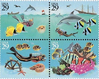 Four 4 vintage unused postage stamps - Wonders of the sea 29c // 29 cent stamps // Face value 1.16