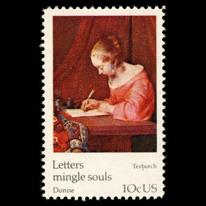 Cinco sellos de 10 c de Gerard ter Borch "Mujer escribiendo una carta" (c. 1655) // Cartas que unen almas // Cinco sellos vintage de 10 céntimos, sin usar y de gran tamaño.