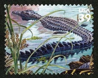 One 1 postage stamps - American Alligator 39c // Southern Florida Wetland 39c (8th Nature of America sheet) // 39 cent stamp