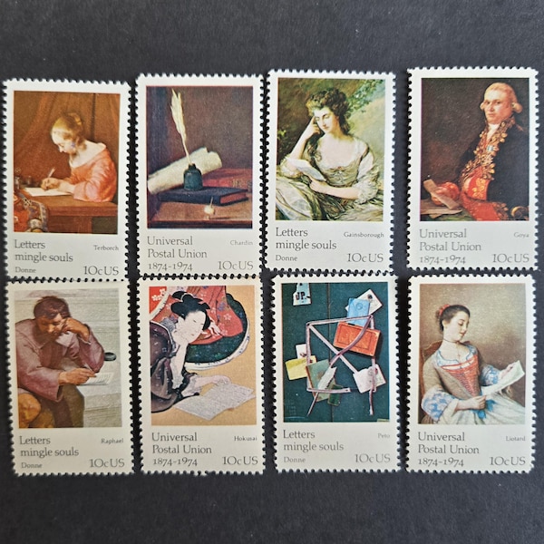 Vintage 1974 US Postage Stamps, Universal Postal Union 10c // Unused Set of 8, oversized 10 cent stamps
