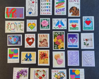 Grande collection de 27 timbres sur le thème de l'amour // Timbres-poste anciens non utilisés (années 1970-2000) // Valeur faciale : 8,84