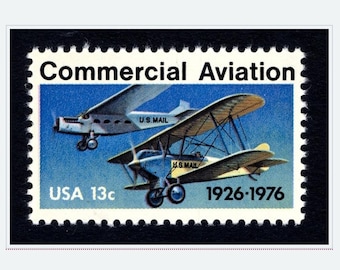 Vintage 1976 Commercial Aviation 50th anniversary 13c stamps // unused 13 cent postage stamps // set of 5